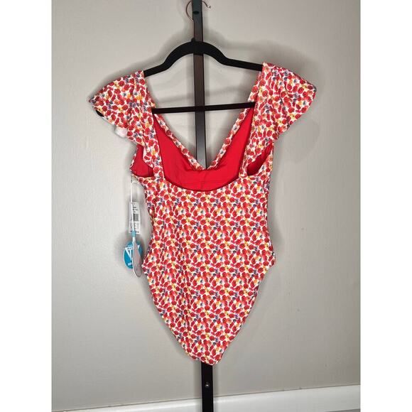 WET Bexy Red Poppy Floral Print Ruffled One Piece Beach Swimsuit Size Small NWT - Picture 4 of 6